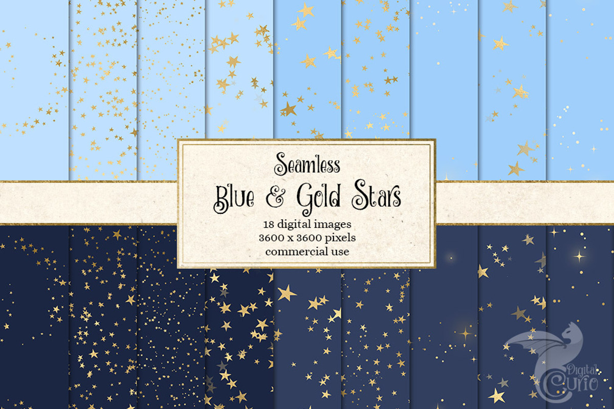 Blue and Gold Stars Digital Paper, a Pattern Graphic by Digital Curio
