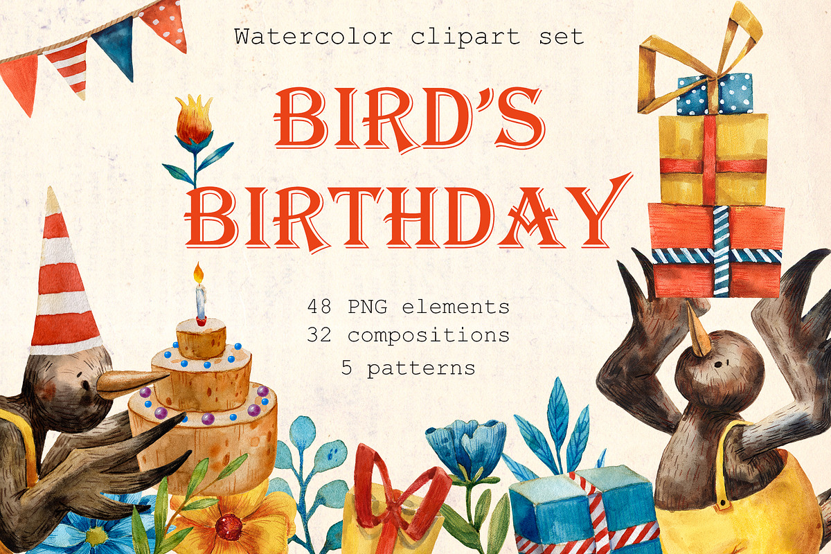 Bird's Birthday - Watercolor Clipart, an Animal Illustration by Mashamashastu (Photo 1 of 12)