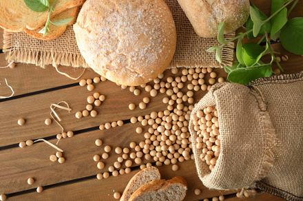 Sack full of soybeans on rustic wooden table and bread, a Food & Drink Photo by Davizro's Market