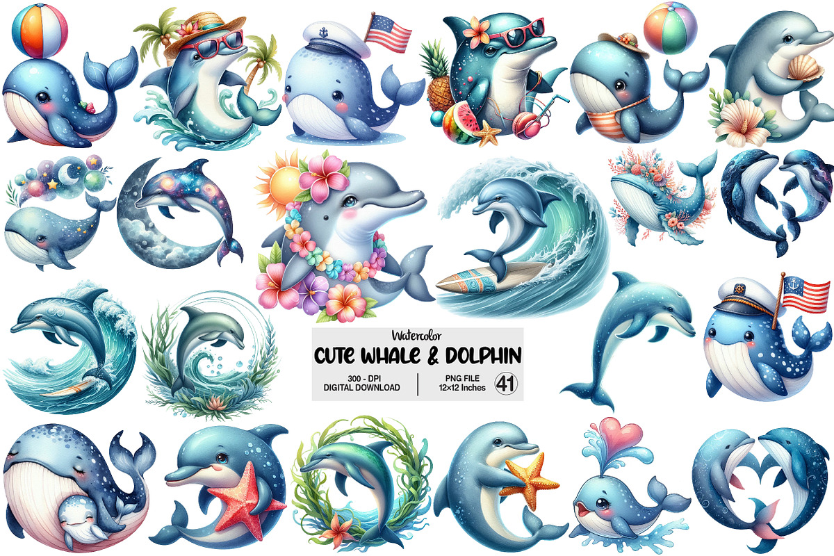 Cute Whale and Dolphin Clipart, an Illustration by Pixels.Craft (Photo 1 of 9)