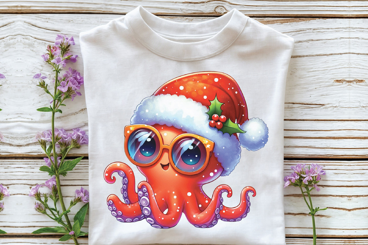 Watercolor Christmas Octopus Clipart, a Work Illustration by CraftArtStudio (Photo 2 of 6)