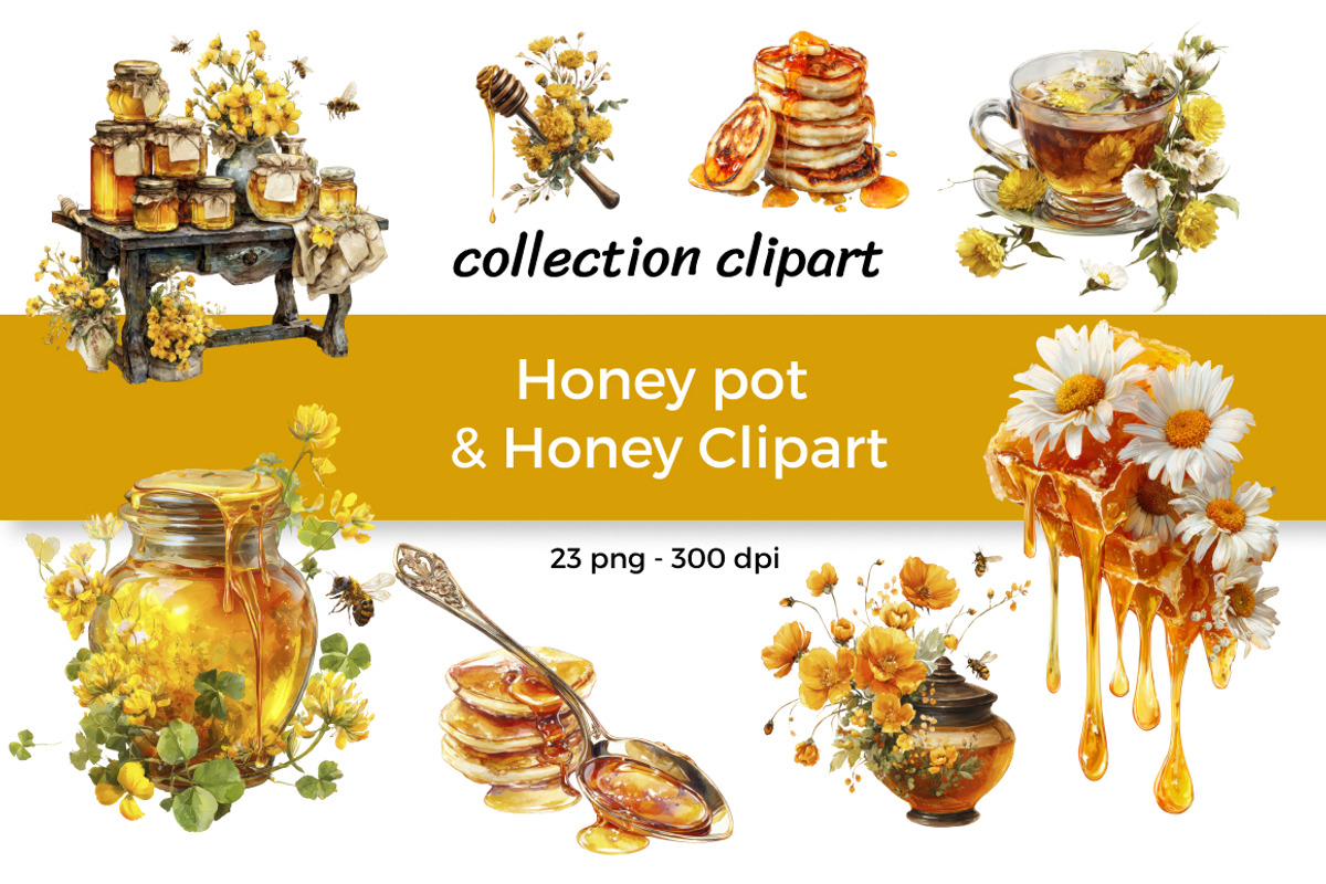 Honey pot & Honey Clipart, a Food Illustration by InkyQueenArt (Photo 1 of 5)