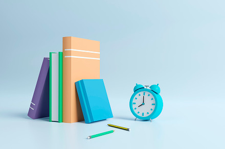Online education, E-learning concept. stack of books, bookshelf. 3d render, a School & Education Photo by RF Images