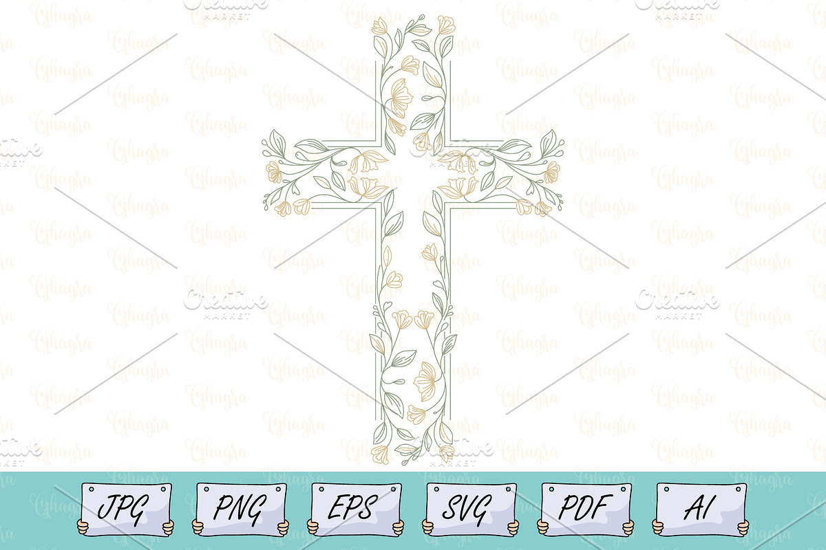 Floral Christian Cross Line Art SVG, a Decorative Illustration by Ghagra (Photo 1 of 4)