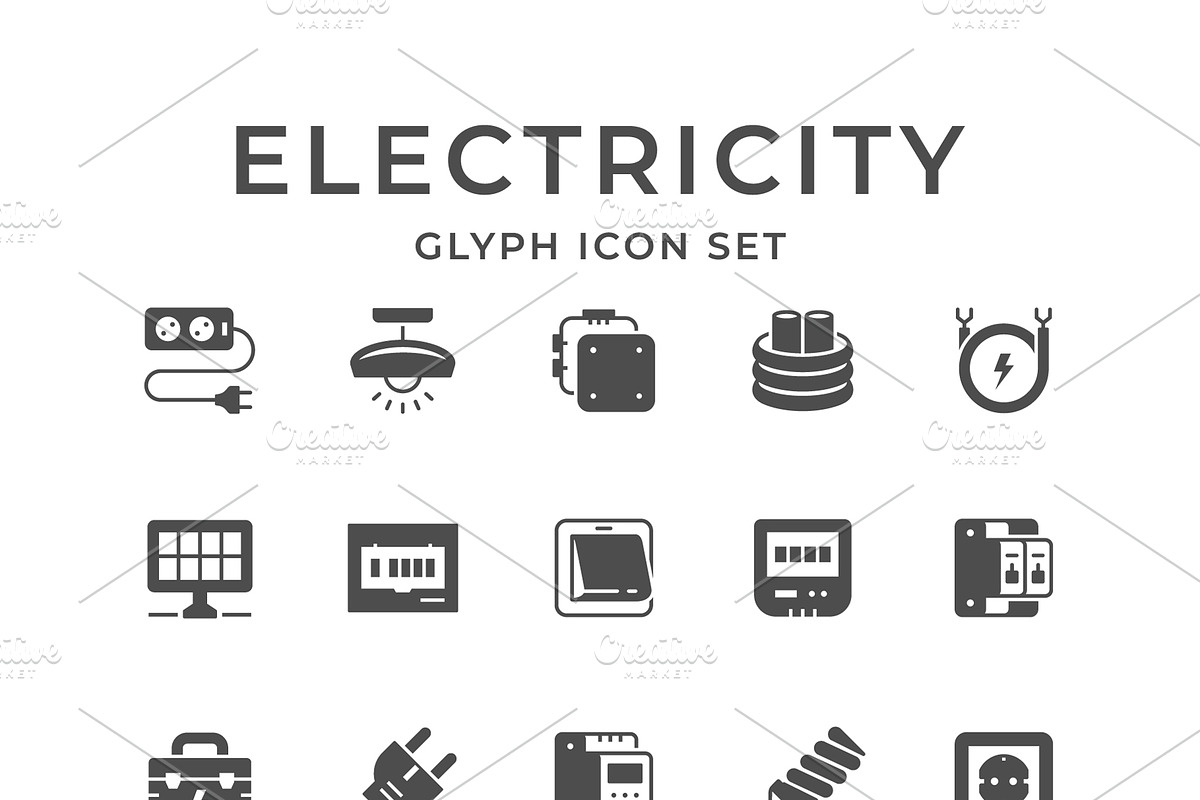 Set glyph icons of electricity, a Solid Icon by motorama (Photo 1 of 2)