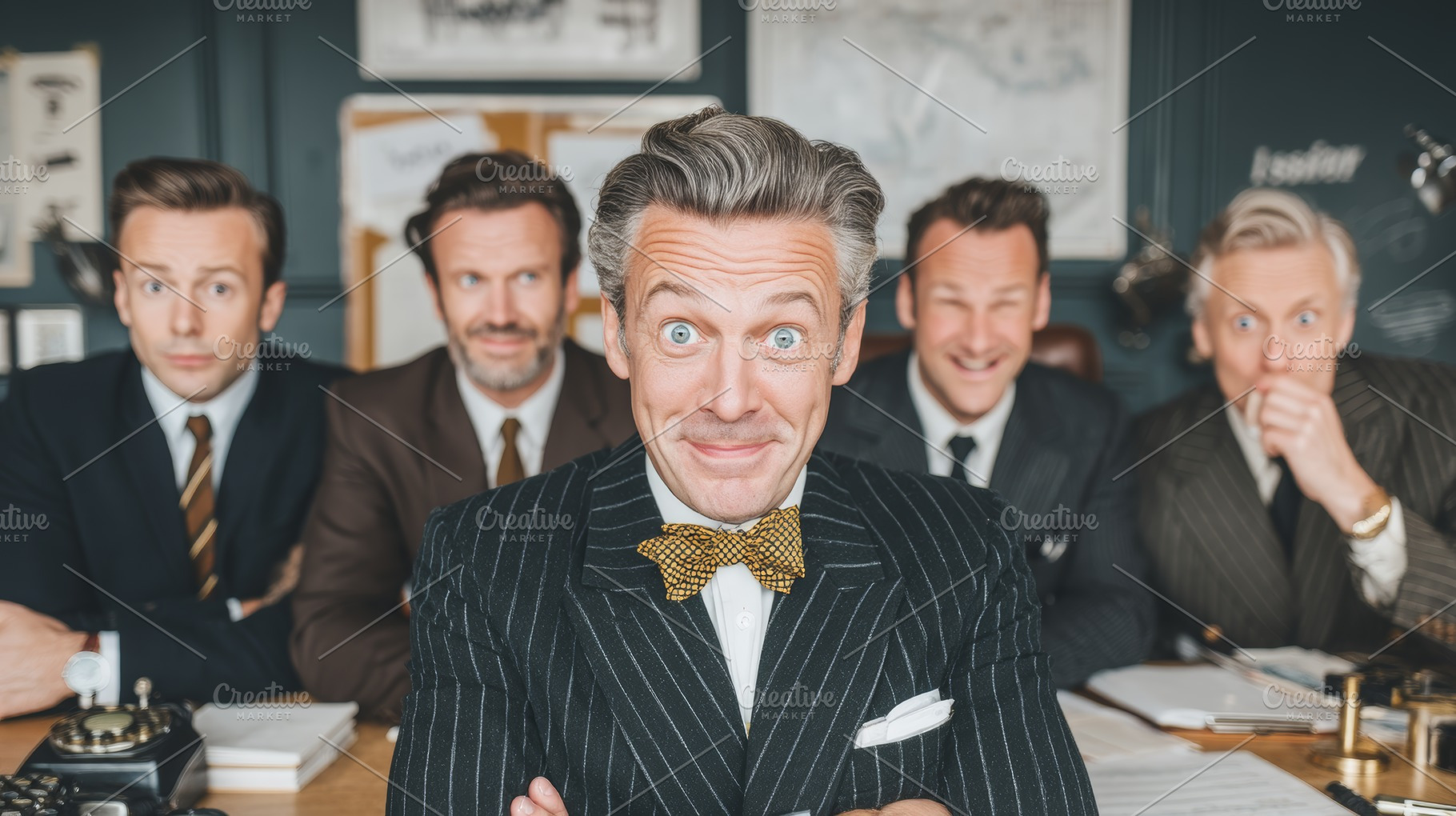 Funny business men group portrait with a jokey boss wearing a bow tie in an off, a Photo by AS photostudio