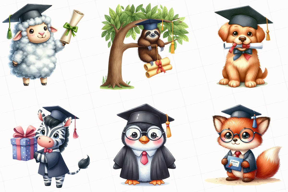 Graduation Cute Animal Clipart, an Illustration by OK Design