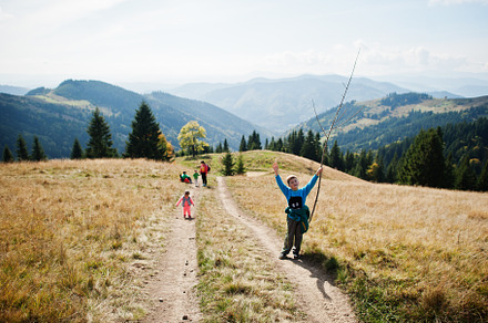 Woman is traveling with a childrens. Mom in the mountains. Climb, a Nature Photo by AS photostudio