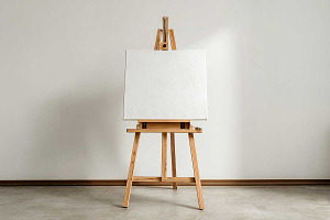 Wooden easel with a white canvas, a Photo by VetalStock