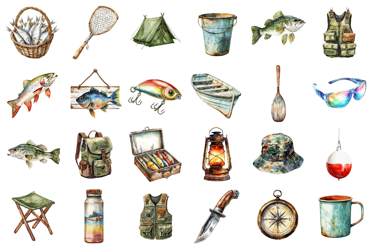 Watercolor Fishing Hunting Clipart, a Seasonal Illustration by designcity5 (Photo 2 of 5)