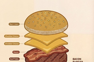 Exploded View Bacon Burger Recipe, a Food Illustration by Virgo Studio