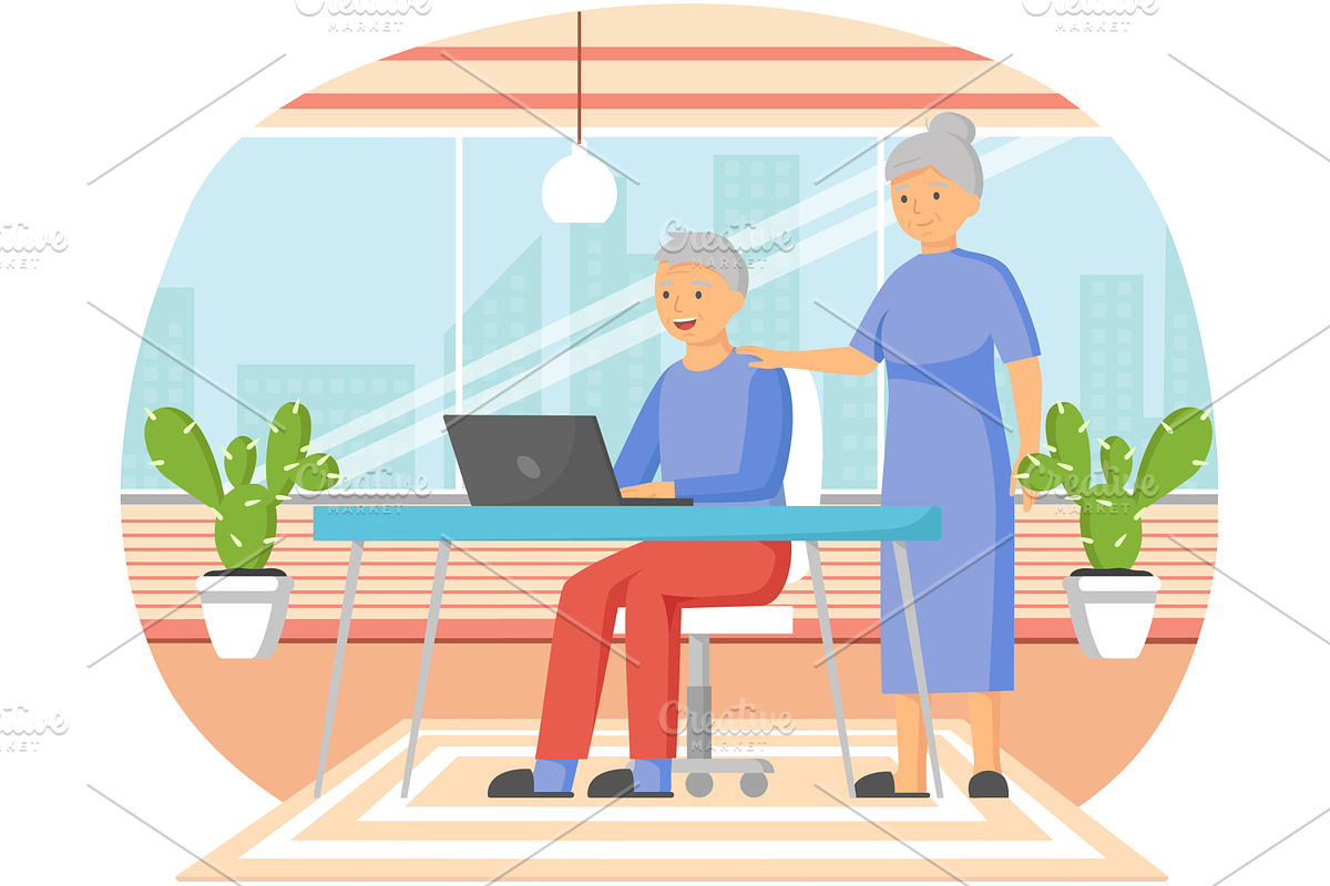 Old people play video game. Senior, a Person Illustration by TopVector