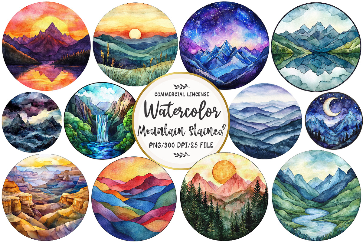 Stained Glass Mountain Scene Clipart, an Illustration by OK Design (Photo 1 of 5)