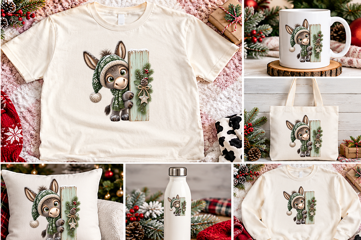 Snowy Donkey Peeking Behind Wood, a Seasonal Illustration by Printable Design Store (Photo 2 of 3)