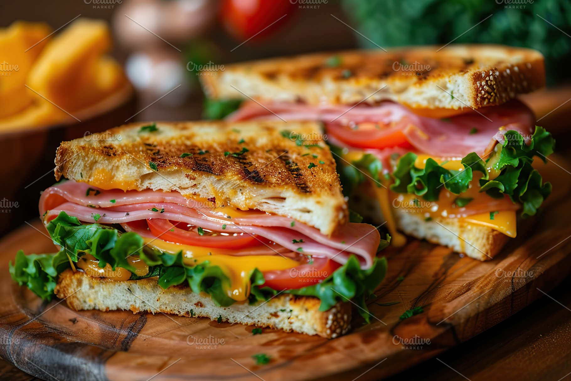 Toast sandwich with cheese, turkey ham, tomato and fresh lettuce on wooden back, a Food & Drink Photo by AlyaAnd