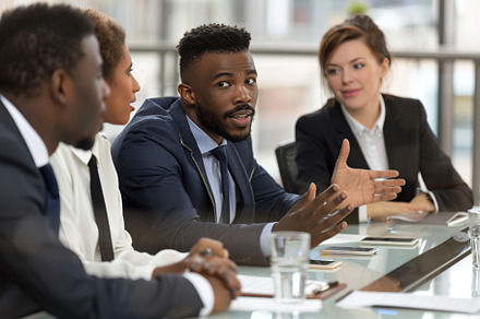 Portrait of business people standing as a team in modern office, a Business Photo by AlyaAnd