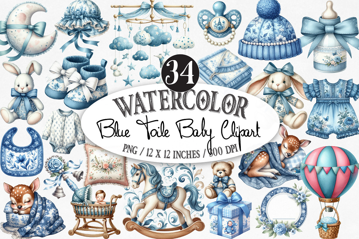 Watercolor Blue Toile Baby Clipart, an Illustration by Designking (Photo 1 of 5)