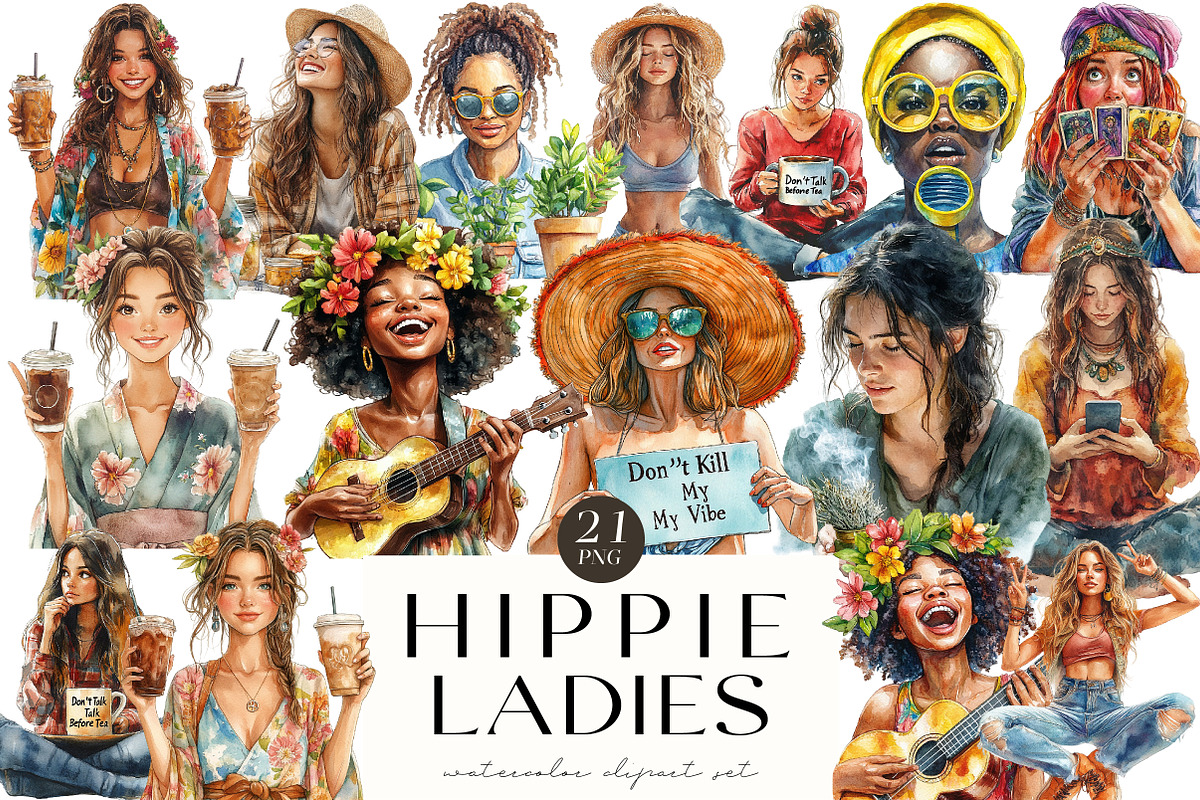 Watercolor Hippie Ladies Clipart, an Illustration by OK Design (Photo 1 of 5)