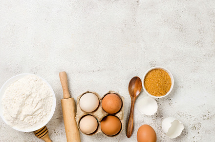 Ingredients for baking on a culinary background. Eggs, flour, ci, a Food & Drink Photo by vimart
