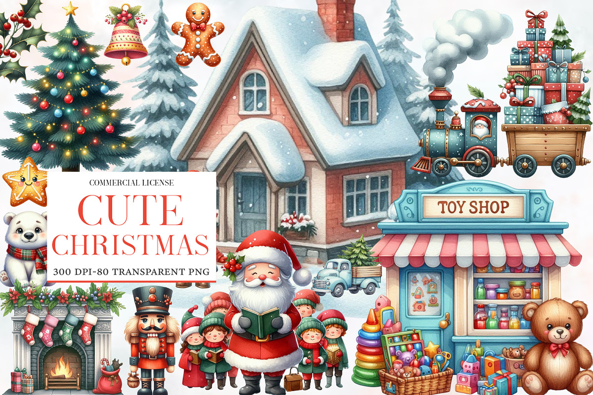 Cute Christmas watercolor clipar, an Illustration by Designworld (Photo 1 of 6)