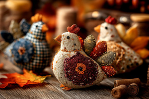 Rustic Autumn Decor: Handmade Fabric Chickens for Cozy Fall Ambiance, a Holiday Photo by Ocean Digital Art