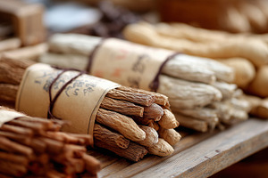 Bundles of dried ginseng roots tied, a Health & Medical Photo by MistyDay