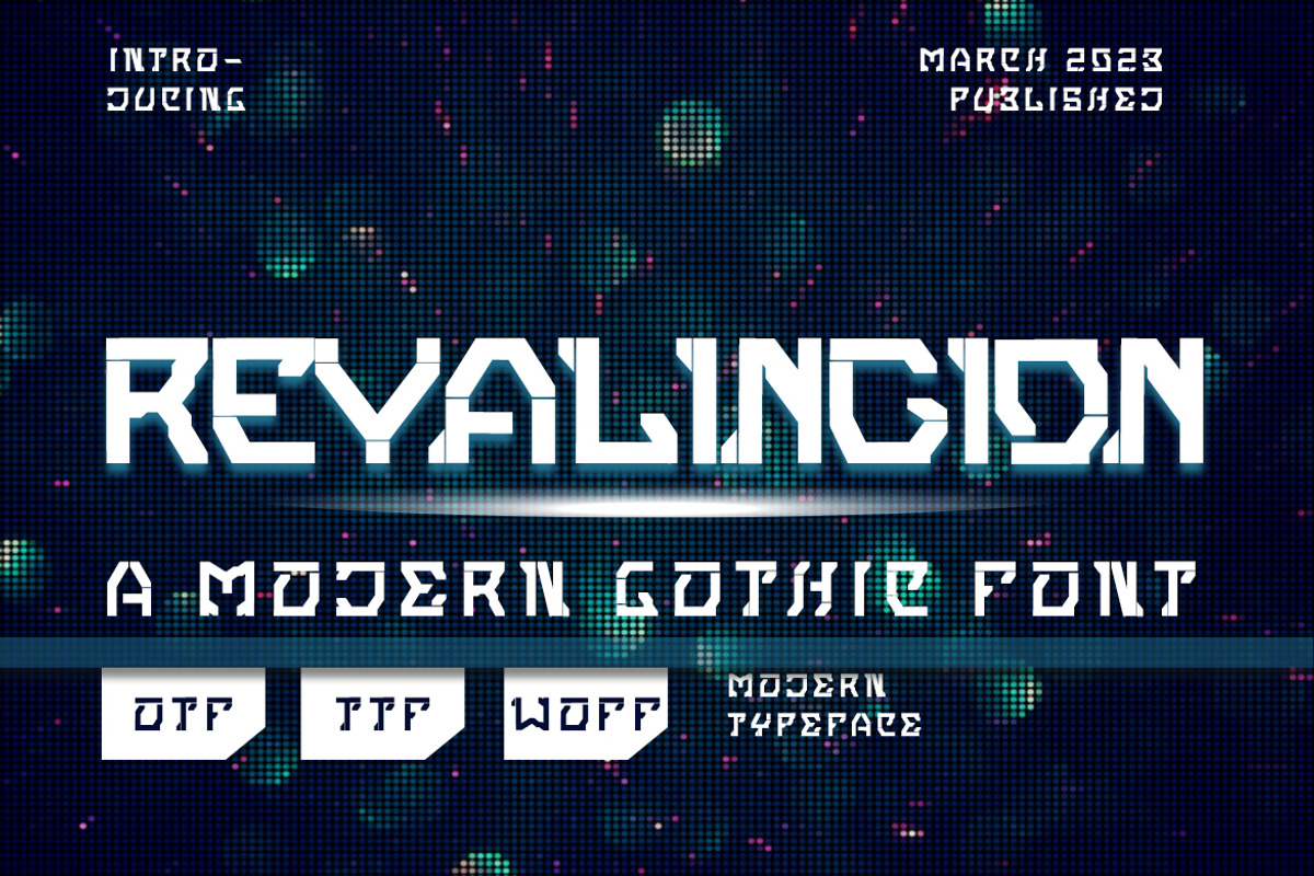 Revalingion - Modern Sci Fi Font, a Blackletter Font by Dhabee (Photo 1 of 8)
