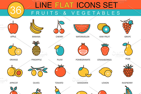 Fruits Vegetables Flat Line Icons.