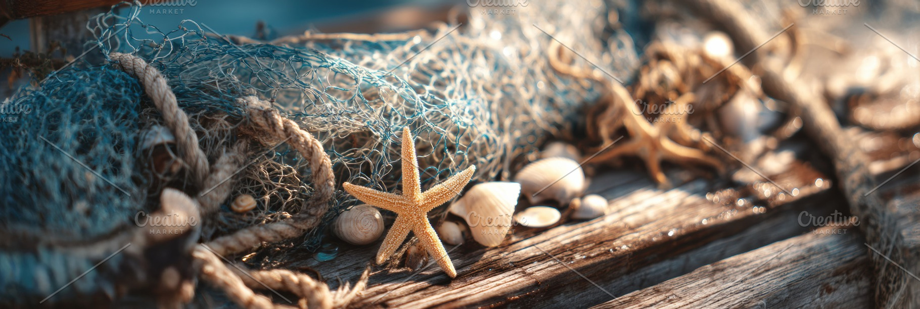 Fishing net with seashells on boat, a Holiday Photo by Virgo Studio