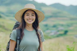 Smiling woman in a hat enjoys sunny day outdoors with a backpack in nature, a Person Photo by AlyaAnd
