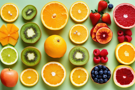 Various fruits sliced in half backgtound, flat lay. Generative A, a Background Photo by AS photostudio