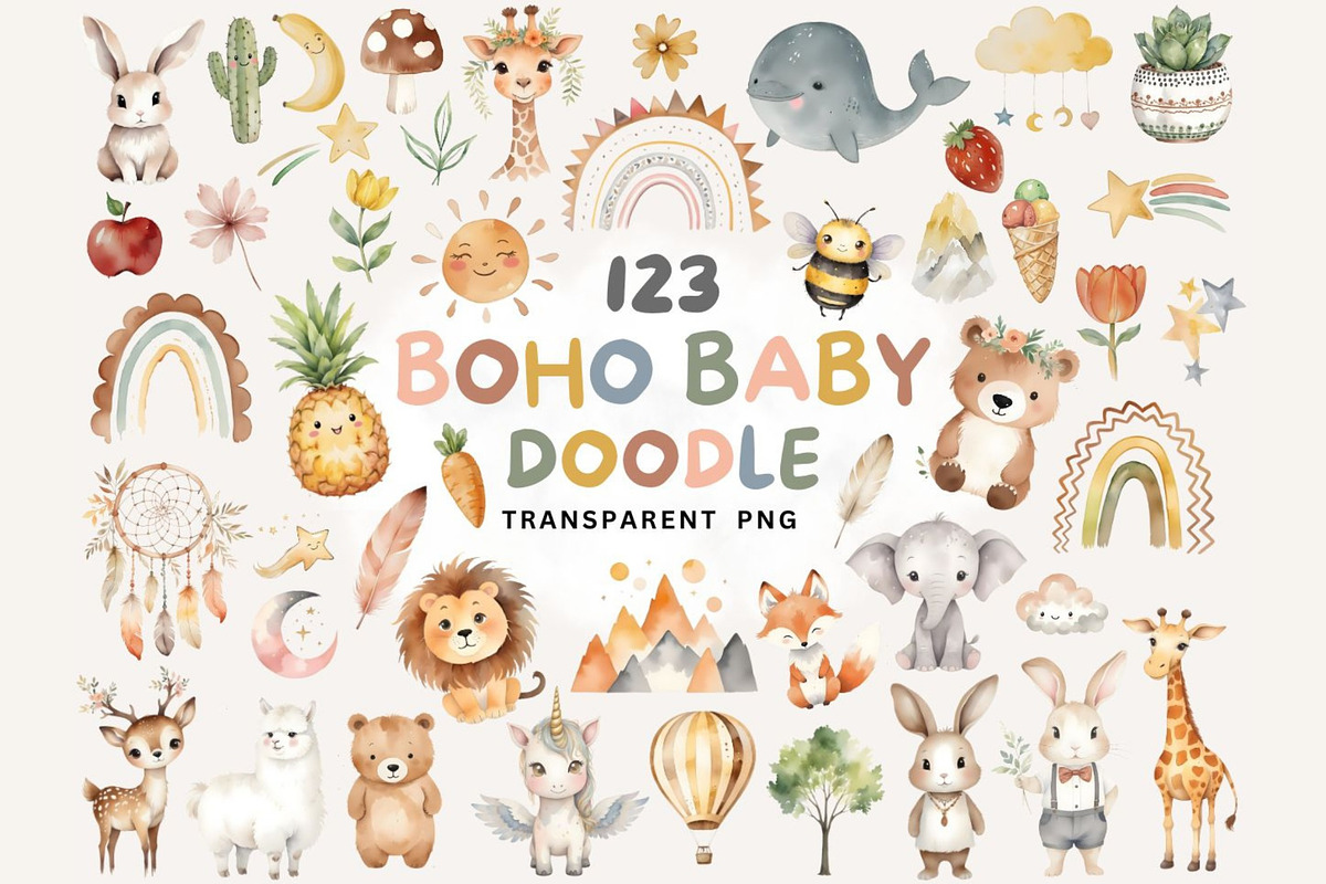 Boho Baby watercolor Clipart PNG, an Animal Illustration by Coral Beauty (Photo 1 of 9)