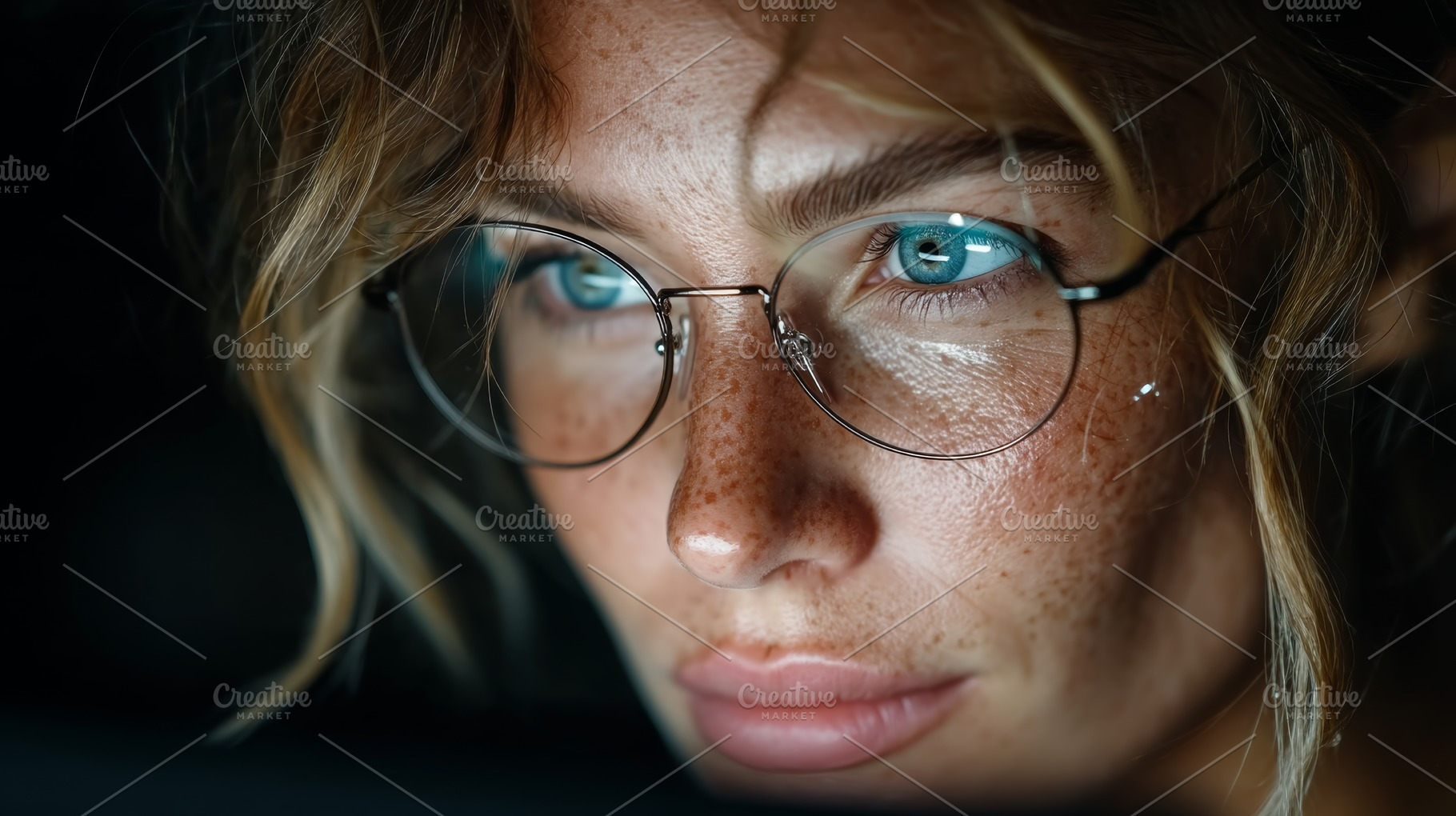 Portrait of a focused woman with glasses illuminated in dark surroundings, a Person Photo by AS photostudio