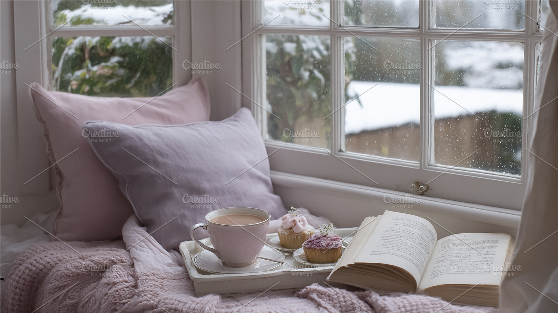 Cozy winter window seat with tea, cupcakes, and a book, creating, a Photo by Studio ANNA