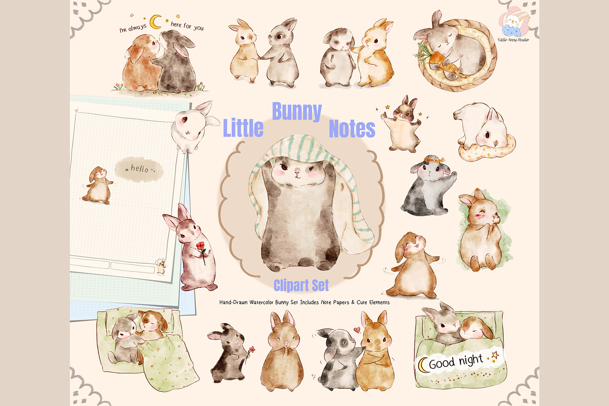 Little Bunny Notes Clipart Set, an Animal Illustration by Annyillustration (Photo 1 of 5)