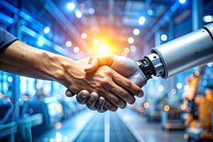 Human hand and a sleek robotic hand meeting above a factory big, a Technology Photo by DanFLCreativo