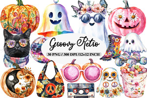 Watercolor Groovy Retro Halloween, an Illustration by Daily.Designs