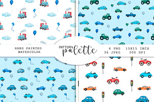 Watercolor blue cars patterns, a Pattern Graphic by PatternPalette