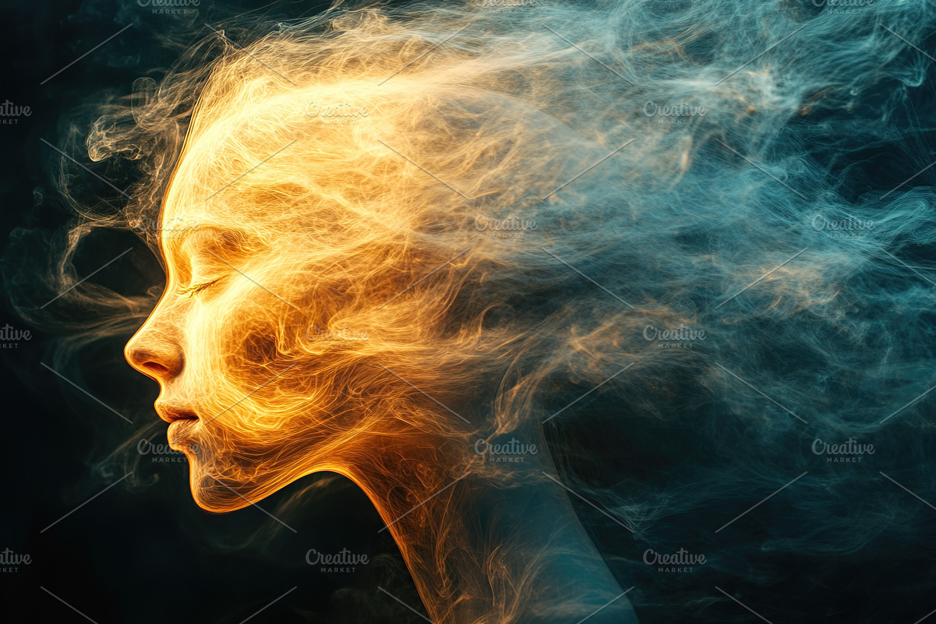 Ethereal silhouette of a woman's profile with flowing smoke details, an Abstract Photo by AlyaAnd