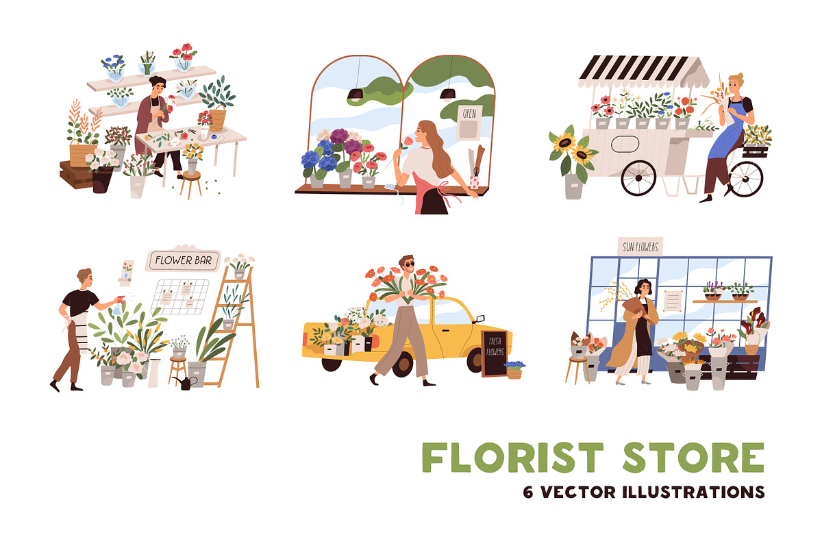 Florists working at flower shop set, a Person Illustration by Good Studio (Photo 1 of 9)