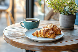 Freshly baked croissants served with coffee on a rustic wooden table in a cozy, a Food & Drink Photo by AlyaAnd