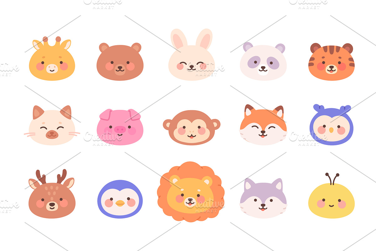 Funny simple animal faces. Isolated, an Animal Illustration by LadadikArt