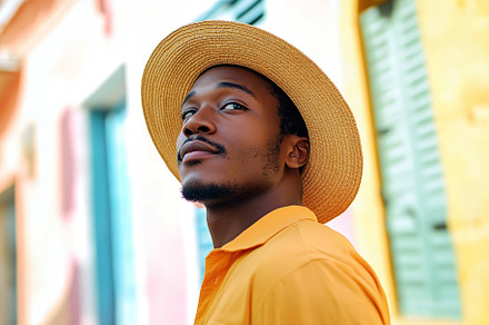 African man in straw hat wearing colorful shirt poses confidently outdoors, a Person Photo by AlyaAnd