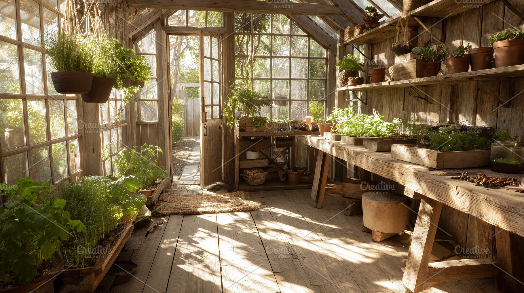 Rustic wooden greenhouse filled with, a Nature Photo by MistyDay