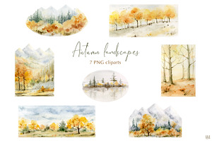 Watercolor Fall Landscapes & Trees.