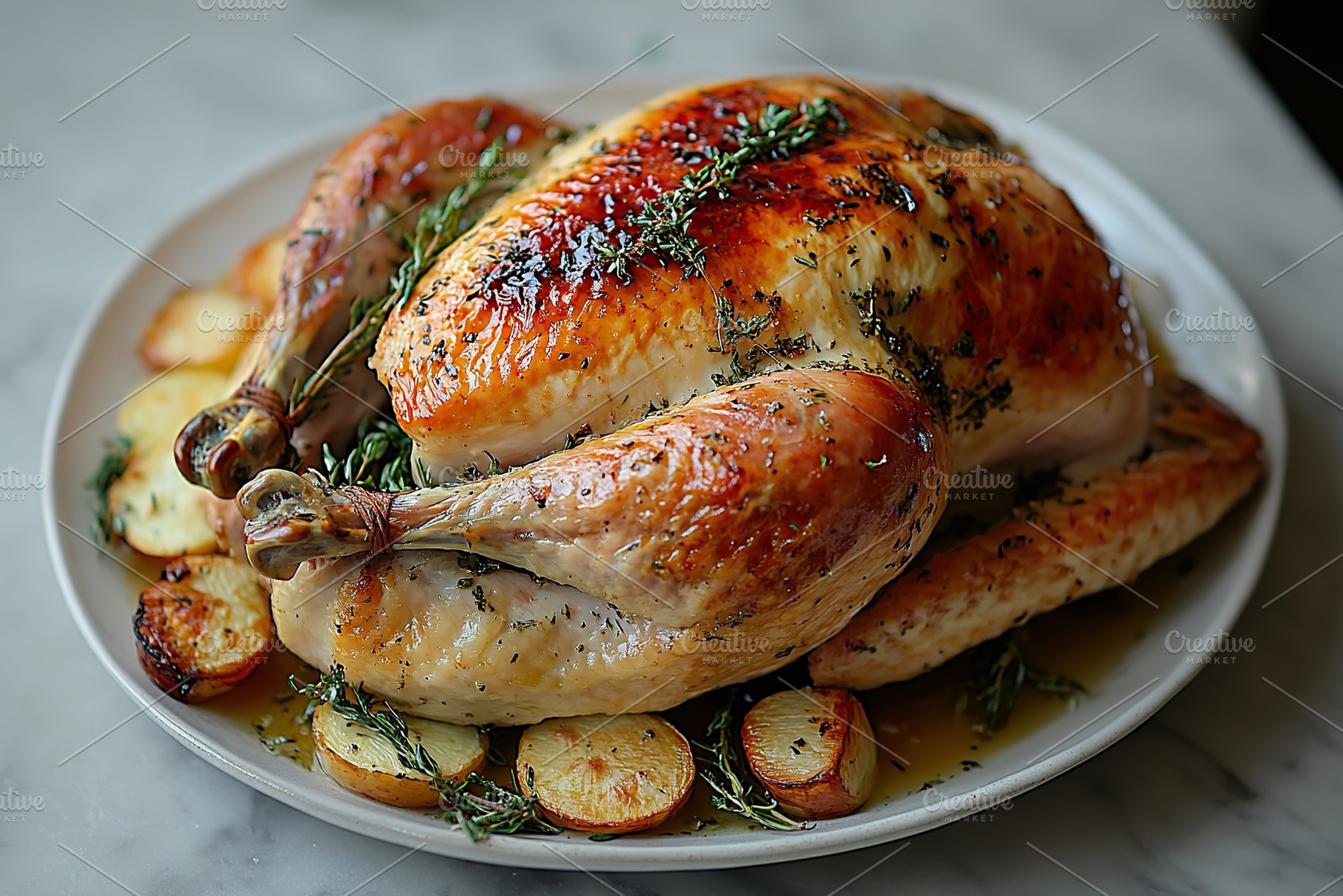 Tasty and garnished roasted turkey in plate on wooden table. Thanksgiving day, a Food & Drink Photo by AlyaAnd