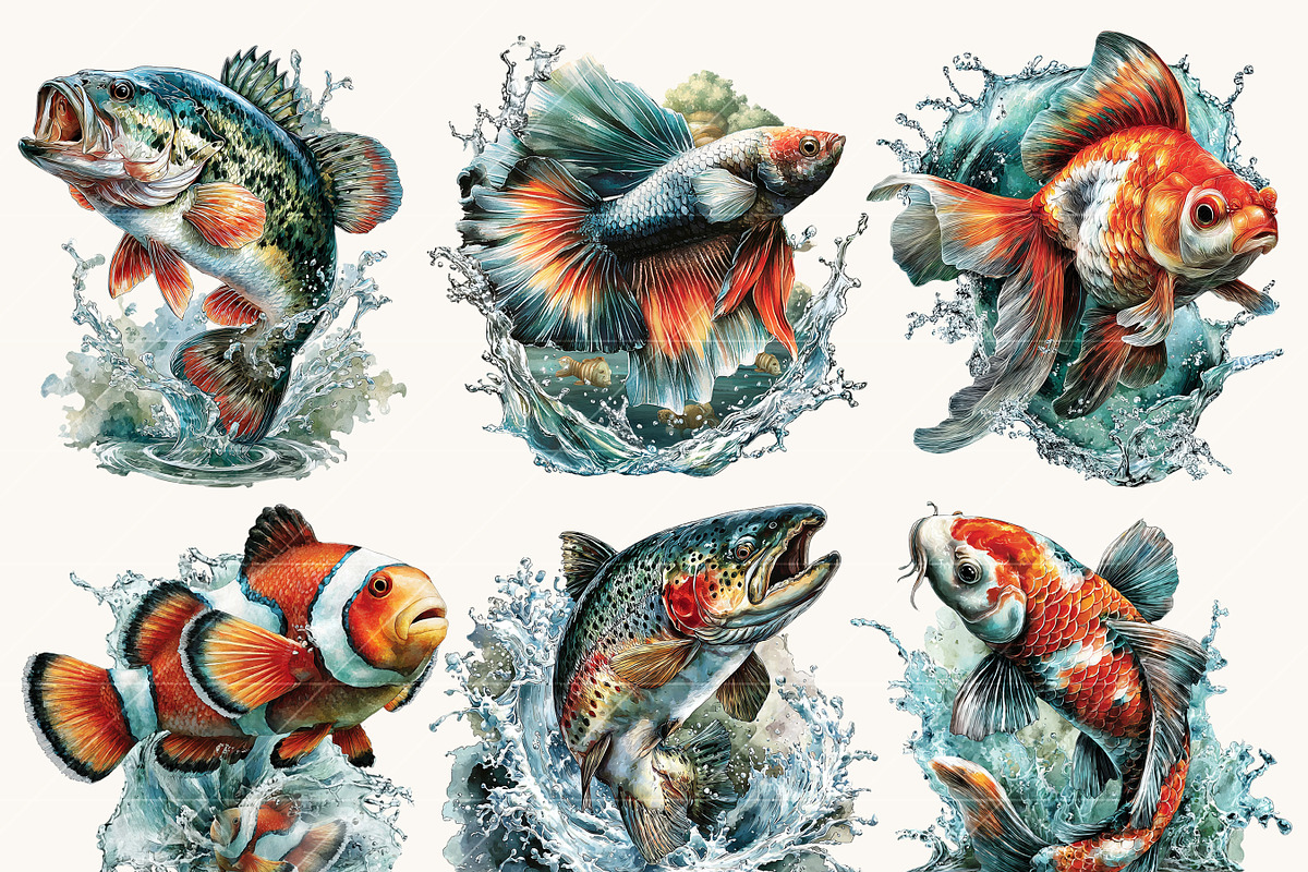 Watercolor Jumping Fish Clipart, an Animal Illustration by BusyDaydesign (Photo 2 of 9)