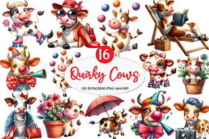 Funny Sketch Quirky Cows Clipart, an Illustration by Watercolor design