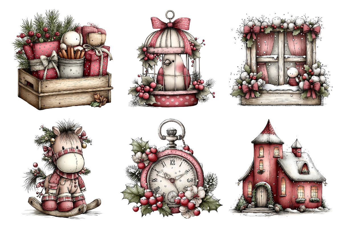 Watercolor Vintage Christmas Clipart, a Seasonal Illustration by Creative Art (Photo 6 of 7)