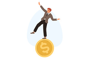Businessman balances on gold coin, a Finance Illustration by Vectorbuum